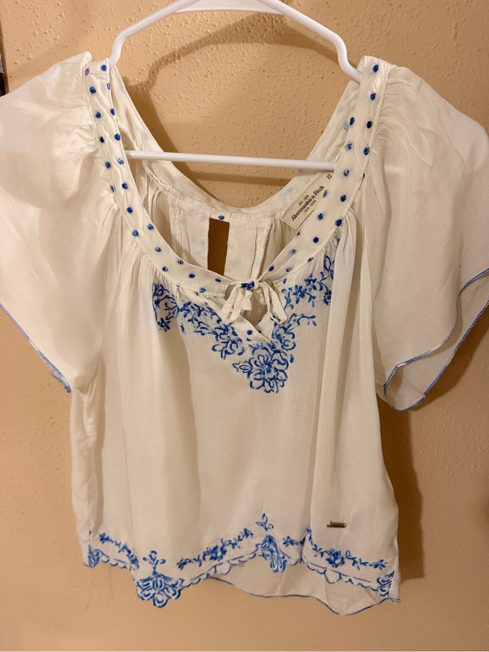 Abercrombie & Fitch White Peasant Blouse with Blue Embroidery
